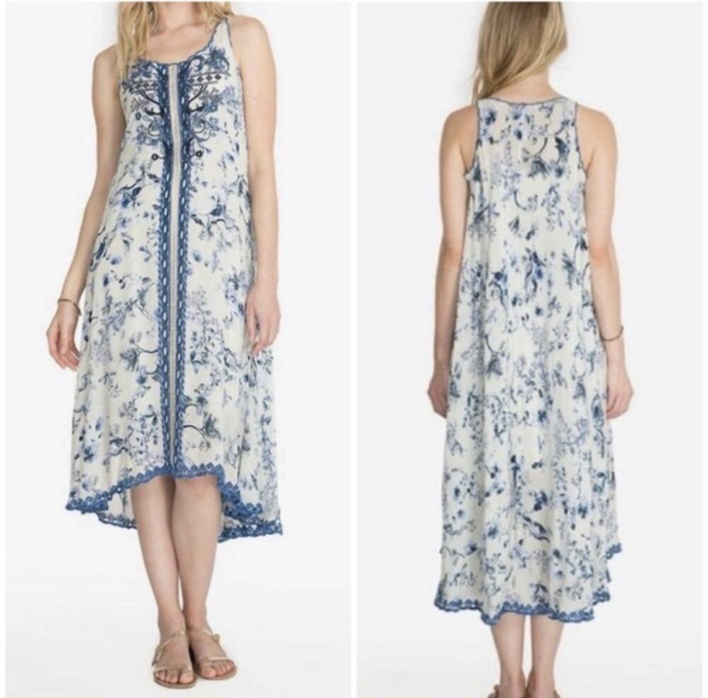 Johnny Was floral Silk Maxi tunic Dress Medium embroidered blue handkerchief hem